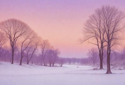 The image features a snowy landscape with a path leading through a forest. The path is surrounded by trees, creating a serene and peaceful atmosphere. The snow-covered ground and trees give the scene a purple hue, adding a sense of tranquility to the image. The primary subject is the path, which is the main focus of the image, while the setting/background consists of the snowy landscape and the forest. The visual style is a photo, capturing the beauty of the winter landscape.